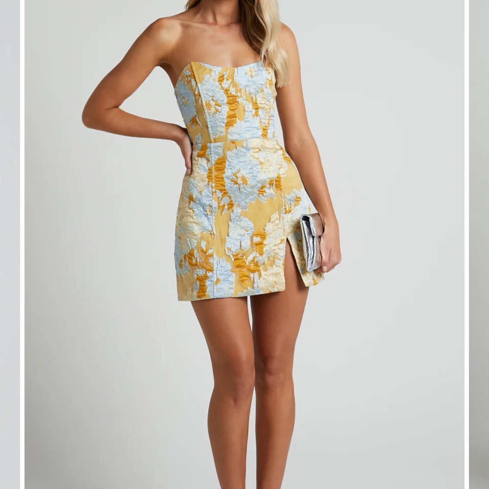 Showpo Yellow Floral Jacquard Strapless Mini Dress